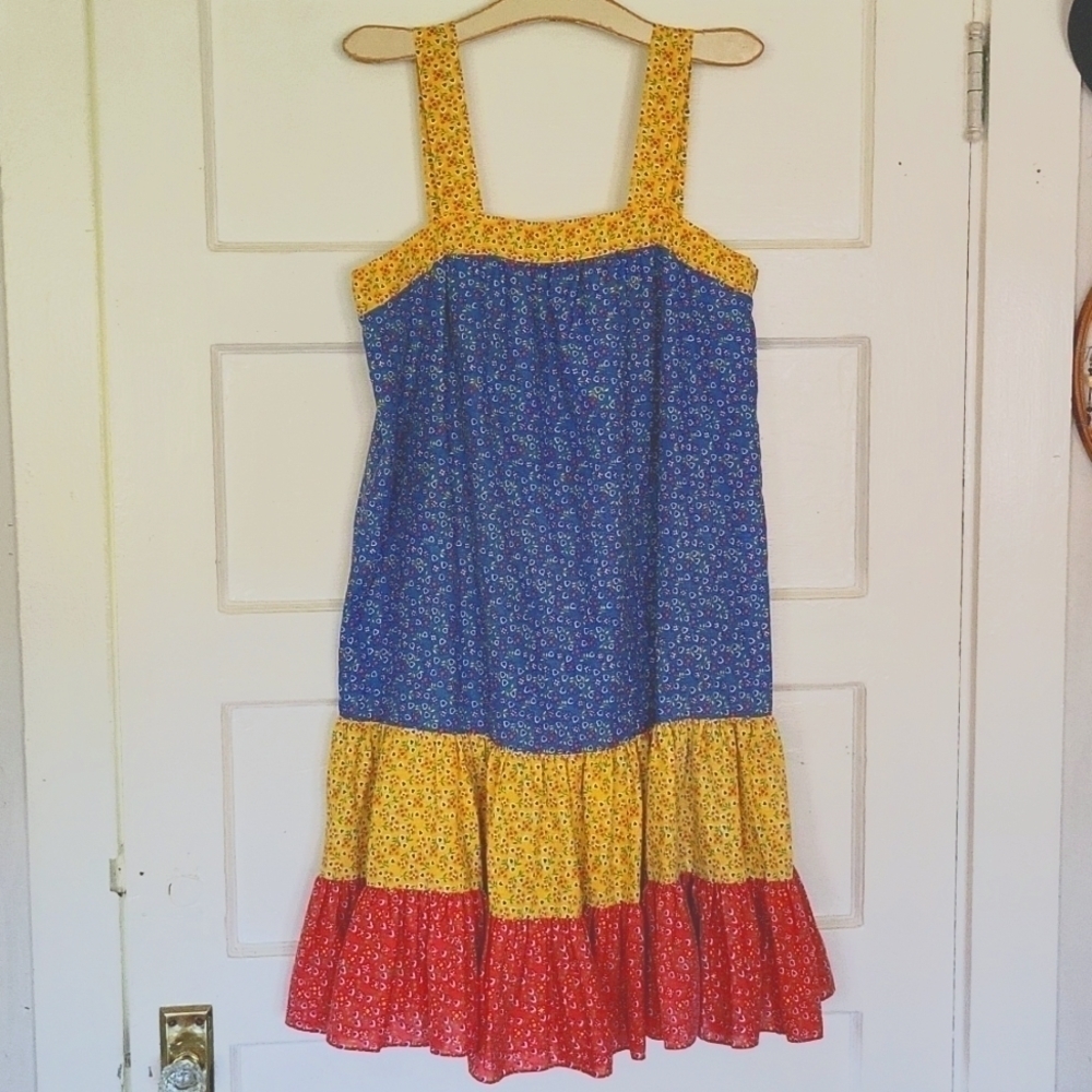 Vintage 70s Calico Floral Print Ruffle Hem Prairie Midi Dress Size XL